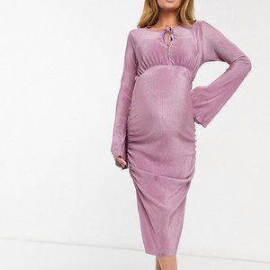 ASOS Maternity Shower Plisse Blouson Tie Long Sleeve Midi Dress in lilac purple